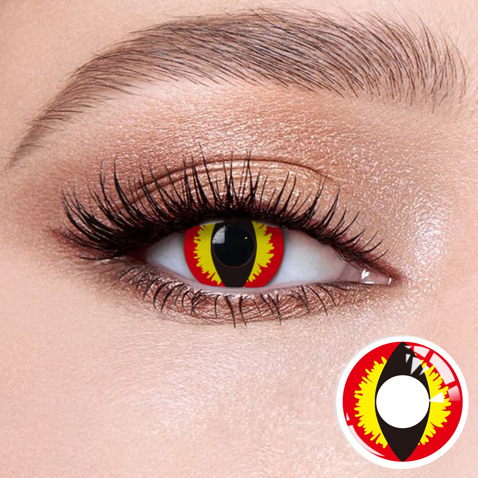The effect of wearing Cosplay Sharingan Contact Lenses , with a close-up of the product in the lower right corner