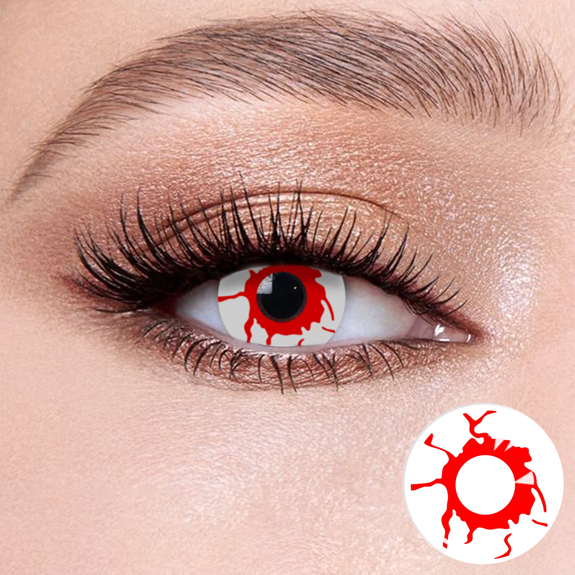 The effect of wearing Cosplay White Blood Contact Lenses, with a close-up of the product in the lower right corner