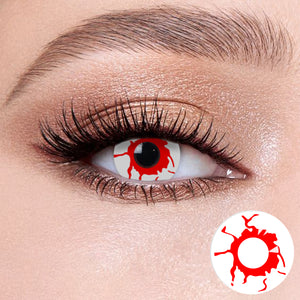 The effect of wearing Cosplay White Blood Contact Lenses, with a close-up of the product in the lower right corner