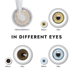 Effect display of wearing Cream Brown II Contact Lenses for different eye colors