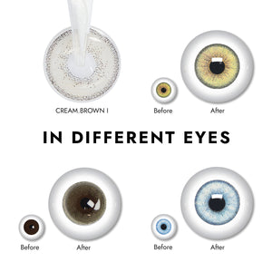 Effect display of wearing Cream Brown I Contact Lenses for different eye colors