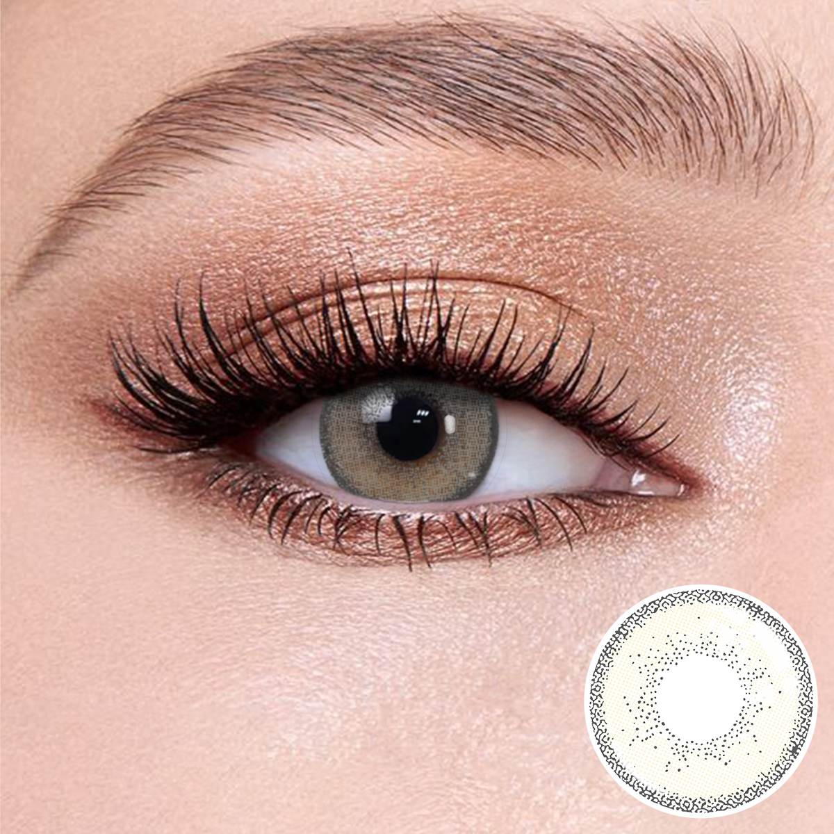 Cream Brown I contact lenses on the eyes, close-up of the product on the lower right