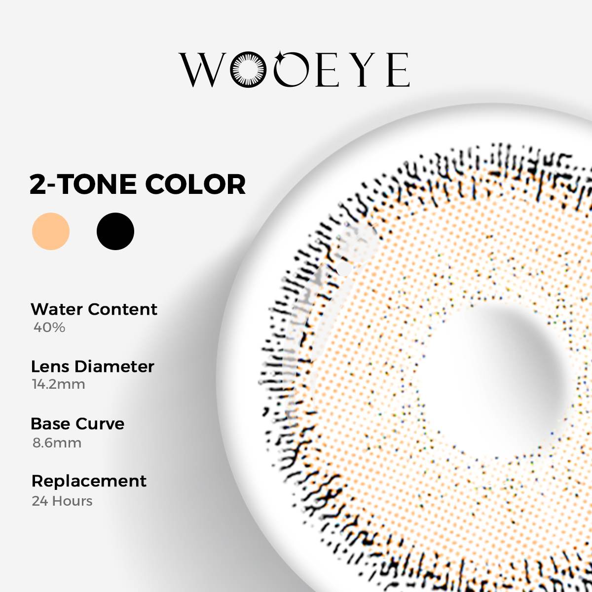 Cream Brown II Color Contacts specifications: 14.2mm diameter, 8.6mm base curve, and 40% water content for daily comfort.