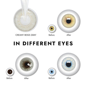 Effect display of wearing Creamy Beige Gray Contact Lenses for different eye colors