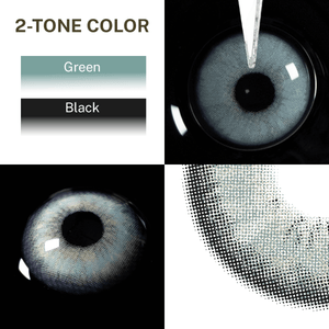 Close-up of the black background and edge details of the DancerLightGreen contact lens, two colors of the product on the upper left