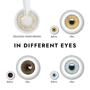 Effect display of wearing Delicious Honey Brown Contact Lenses for different eye colors