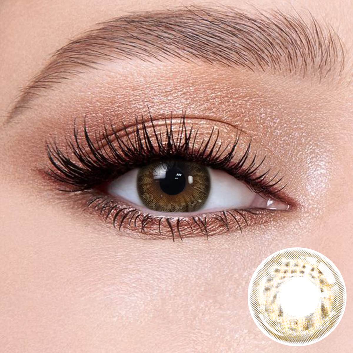 Delicious Honey Brown contact lenses on the eyes, close-up of the product on the lower right