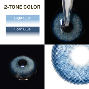 Close-up of the black background and edge details of the Diamond Blue I contact lens, two colors of the product on the upper left