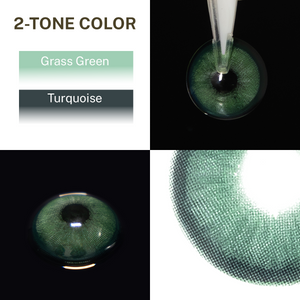 Diamond Green I 2-Tone Colored Contact Lenses showing light and dark green shades, close-up on eye, and lens texture