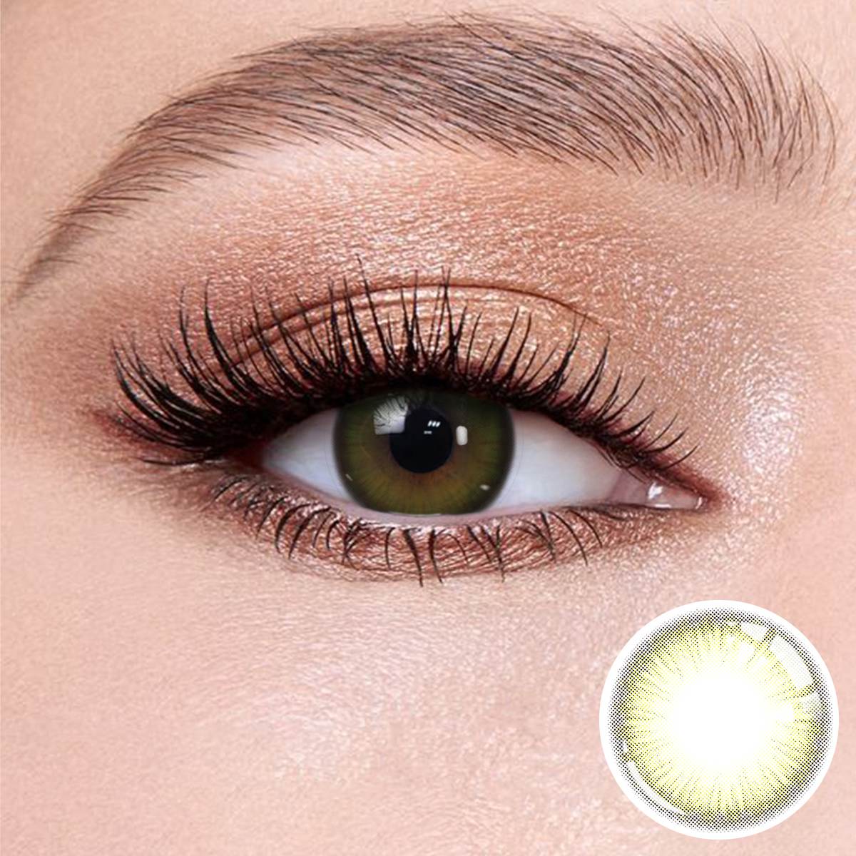 Diamond Brown contact lenses on the eyes, close-up of the product on the lower right