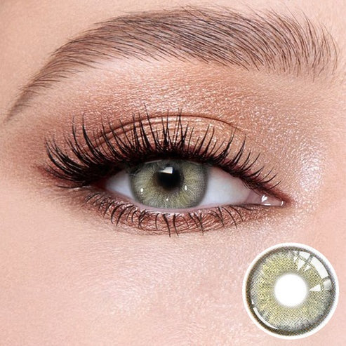 Diamond Brown II contact lenses on the eyes, close-up of the product on the lower right