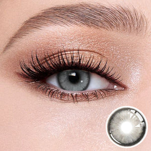 The effect of wearing Diamond Gray I Contact Lenses, with a close-up of the product in the lower right corner