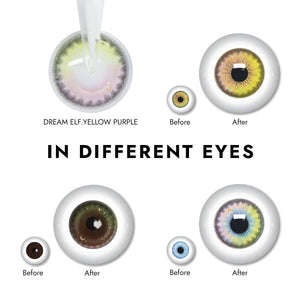 Effect display of wearing Dream Elf Yellow pink Contact Lenses for different eye colors