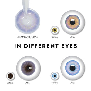 Effect display of wearing Dreamland Purple Contact Lenses for different eye colors
