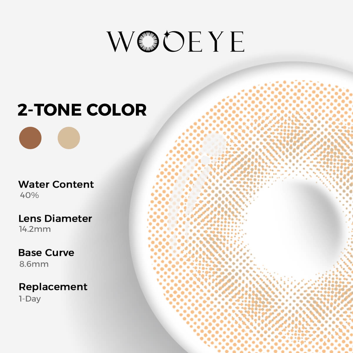 Mousse Brown II Contact Lenses Color Contacts specifications: 14.2mm diameter, 8.6mm base curve, and 40% water content for daily comfort.