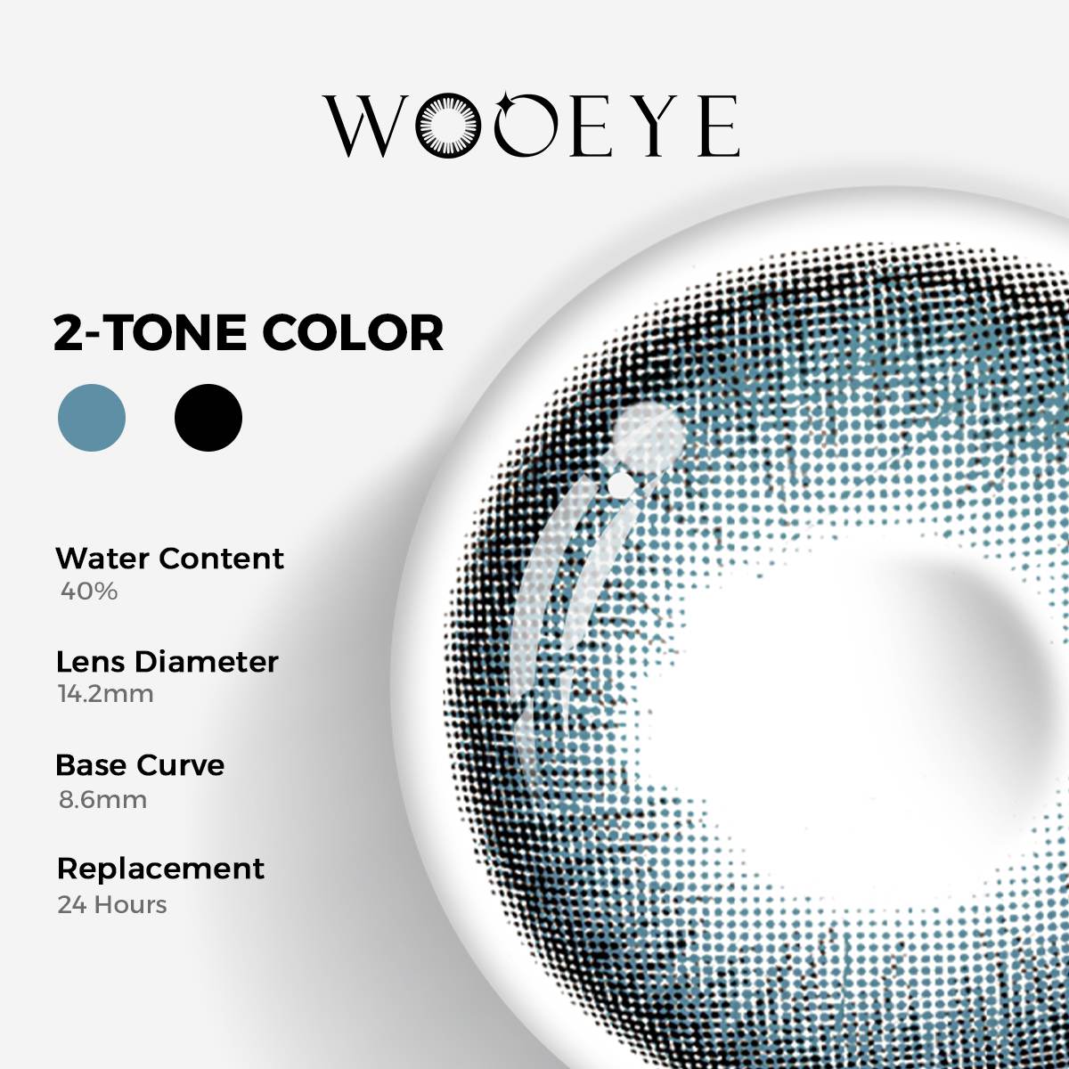 Queen Ice Blue Color Contacts specifications: 14.2mm diameter, 8.6mm base curve, and 40% water content for daily comfort.