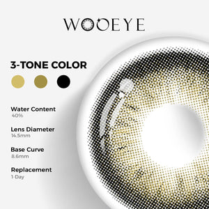 Acorn Amber Grey Color Contacts specifications: 14.5mm diameter, 8.6mm base curve, and 40% water content for daily comfort.