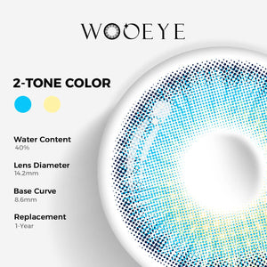 Romantic Blue Color Contacts specifications: 14.2mm diameter, 8.6mm base curve, and 40% water content for daily comfort.