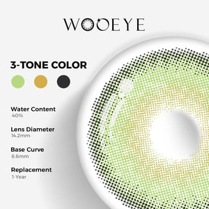 LA Girl Green Color Contacts specifications: 14.2mm diameter, 8.6mm base curve, and 40% water content for daily comfort.