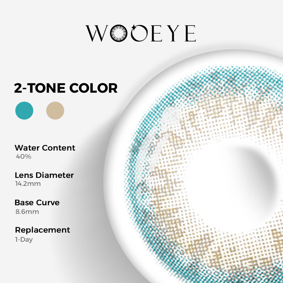 Angel Blue Contact Lenses Color Contacts specifications: 14.2mm diameter, 8.6mm base curve, and 40% water content for daily comfort.