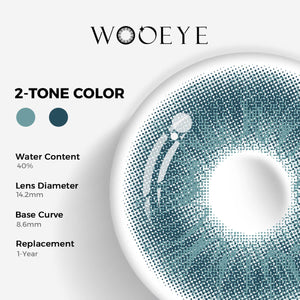 Love Blue Color Contacts specifications: 14.2mm diameter, 8.6mm base curve, and 40% water content for daily comfort.