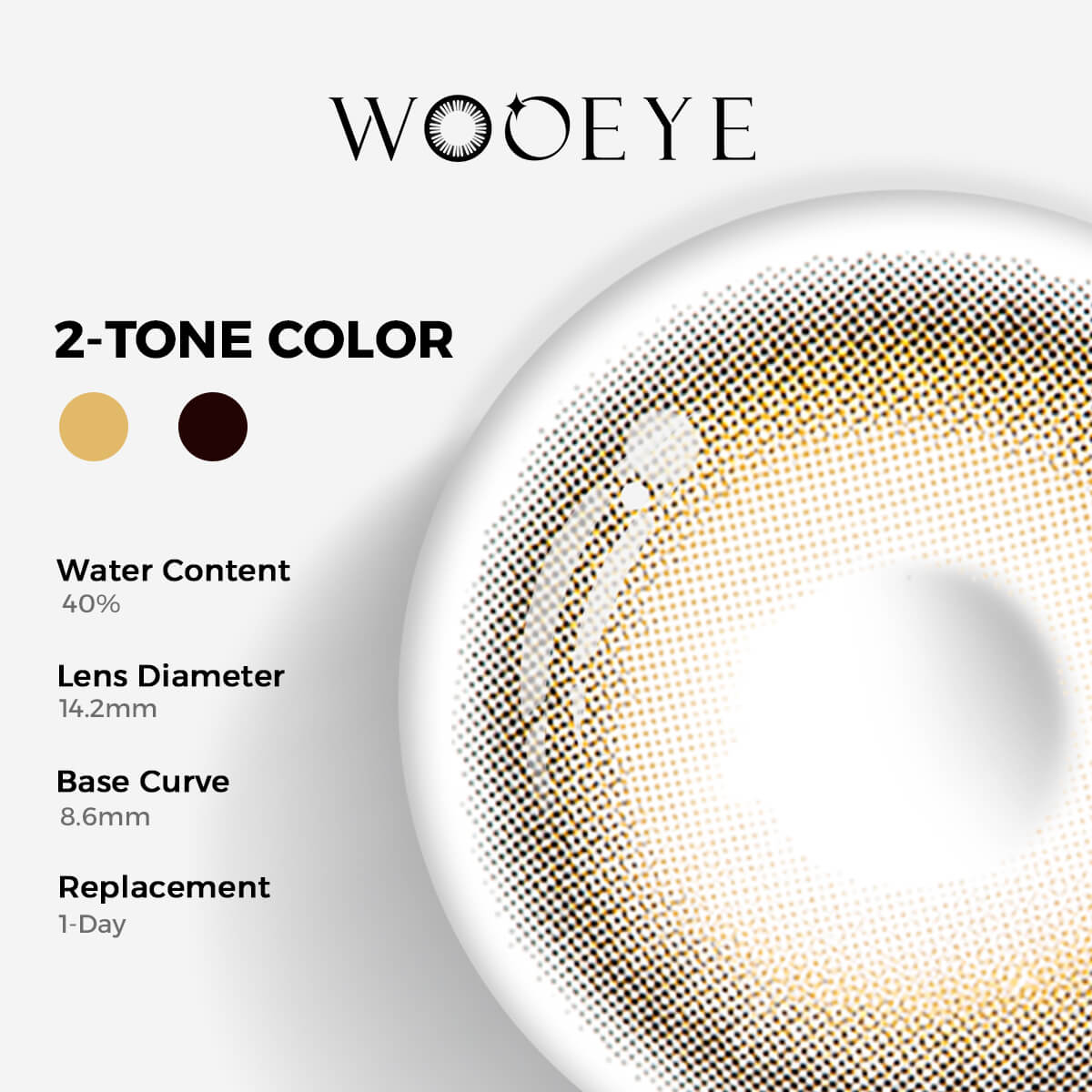 Caramel Brown Contact Lenses Color Contacts specifications: 14.2mm diameter, 8.6mm base curve, and 40% water content for daily comfort.