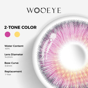 Romantic Purple Color Contacts specifications: 14.2mm diameter, 8.6mm base curve, and 40% water content for daily comfort.