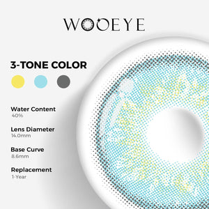 Russian Blue Color Contacts specifications: 14.0mm diameter, 8.6mm base curve, and 40% water content for daily comfort.