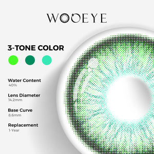 Elf Green Color Contacts specifications: 14.2mm diameter, 8.6mm base curve, and 40% water content for daily comfort.