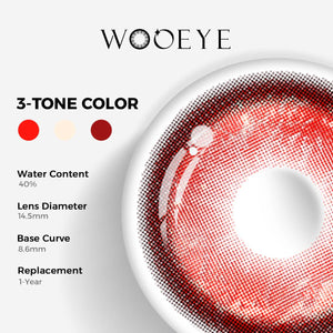 Thermo Aura Red Color Contacts specifications: 14.5mm diameter, 8.6mm base curve, and 40% water content for daily comfort.
