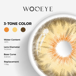 Mermaid Brown Color Contacts specifications: 14.0mm diameter, 8.6mm base curve, and 40% water content for daily comfort.