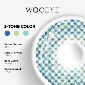 Cosmos Blue Color Contacts specifications: 14.2mm diameter, 8.6mm base curve, and 40% water content for daily comfort.