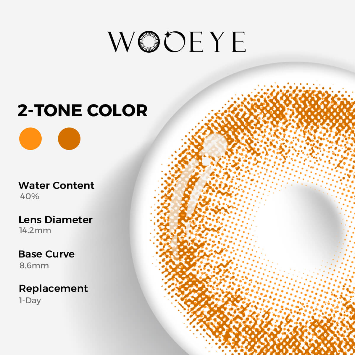 Coffee Brown Color Contacts specifications: 14.2mm diameter, 8.6mm base curve, and 40% water content for daily comfort.