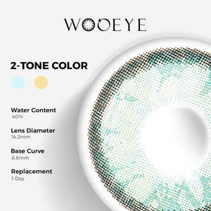 Charming Green Contact Lenses Color Contacts specifications: 14.2mm diameter, 8.6mm base curve, and 40% water content for daily comfort.