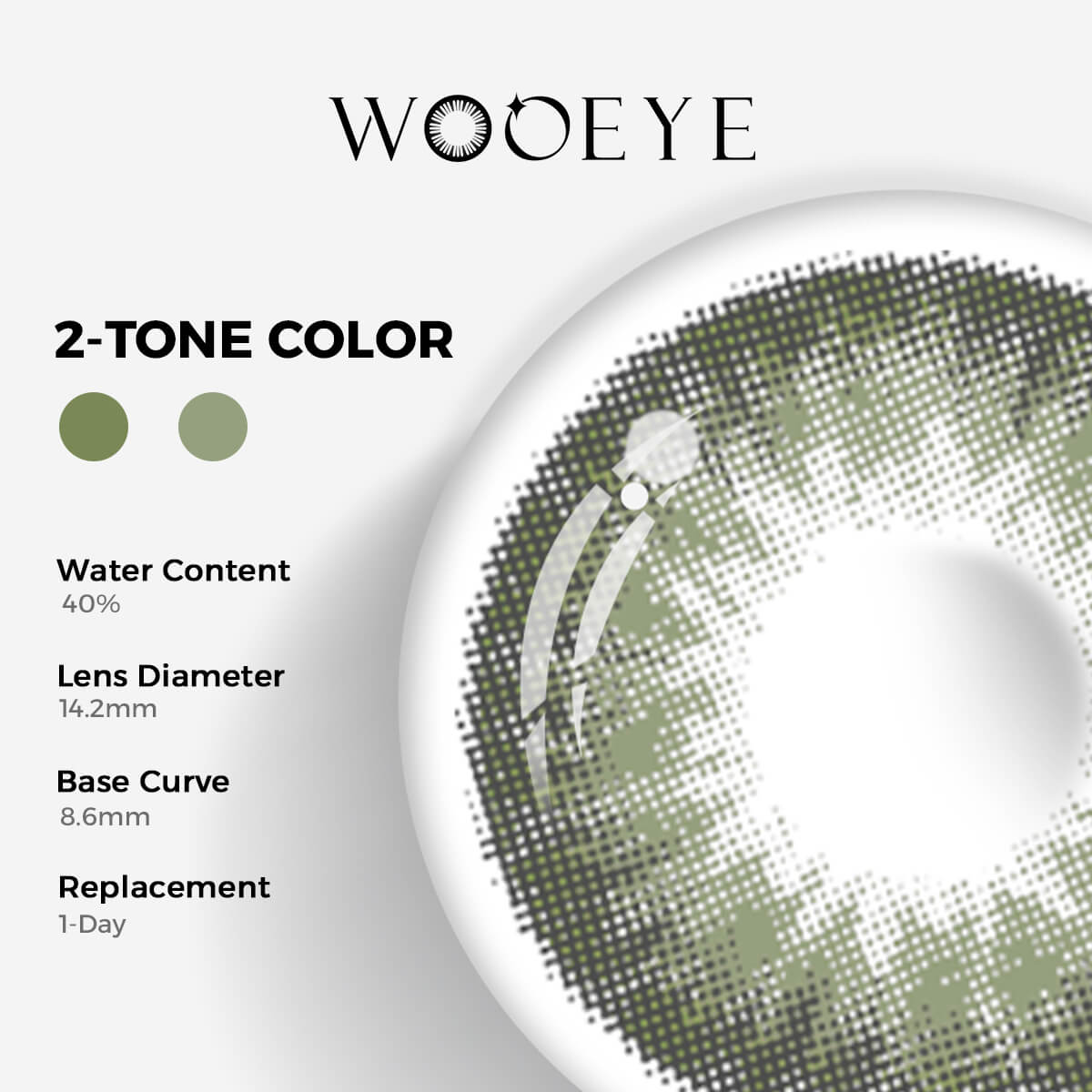 Queen Green II Contact Lenses Color Contacts specifications: 14.2mm diameter, 8.6mm base curve, and 40% water content for daily comfort.