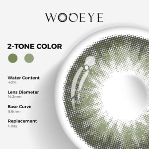 Queen Green II Contact Lenses Color Contacts specifications: 14.2mm diameter, 8.6mm base curve, and 40% water content for daily comfort.