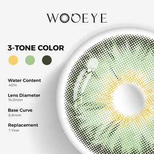 Mermaid Green Color Contacts specifications: 14.0mm diameter, 8.6mm base curve, and 40% water content for daily comfort.