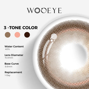 Glossy Brown Color Contacts specifications: 14.0mm diameter, 8.6mm base curve, and 40% water content for daily comfort.