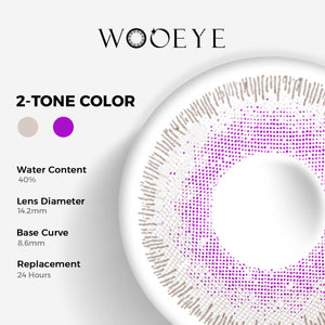 Salty purple Color Contacts specifications: 14.2mm diameter, 8.6mm base curve, and 40% water content for daily comfort.
