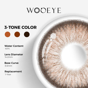 Elf Brown Color Contacts specifications: 14.2mm diameter, 8.6mm base curve, and 40% water content for daily comfort.
