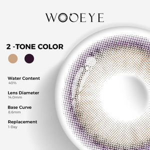 Glossy Grey Color Contacts specifications: 14.0mm diameter, 8.6mm base curve, and 40% water content for daily comfort.