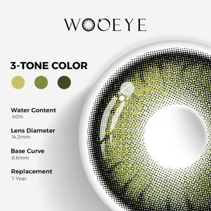 Night Green Color Contacts specifications: 14.2mm diameter, 8.6mm base curve, and 40% water content for daily comfort.