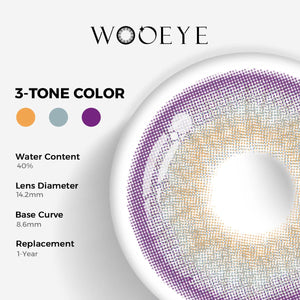 Pola Purple Color Contacts specifications: 14.2mm diameter, 8.6mm base curve, and 40% water content for daily comfort.
