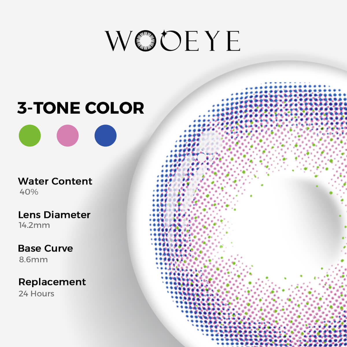 Dreamland Purple Color Contacts specifications: 14.2mm diameter, 8.6mm base curve, and 40% water content for daily comfort.