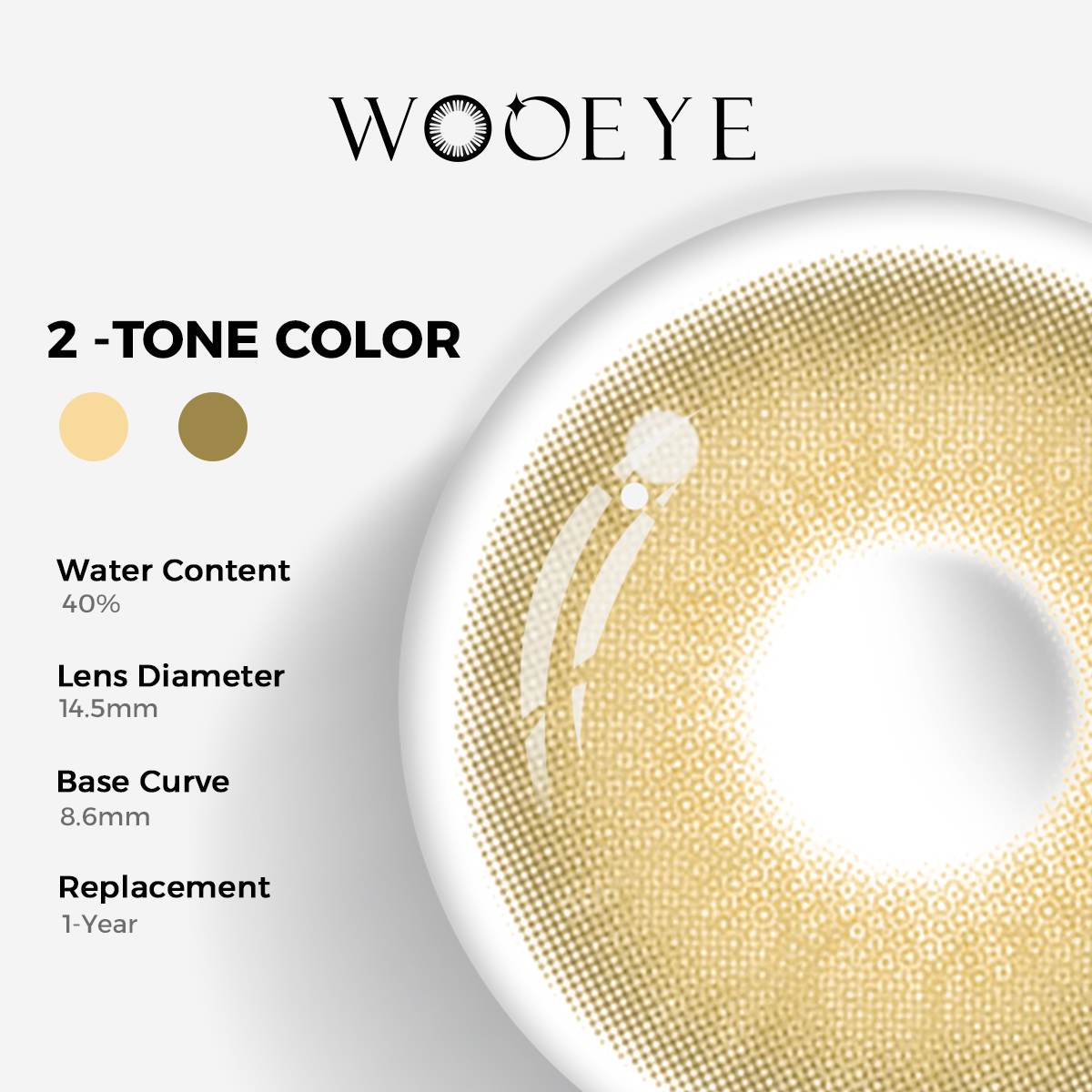 Moonlit Brown Color Contacts specifications: 14.5mm diameter, 8.6mm base curve, and 40% water content for daily comfort.