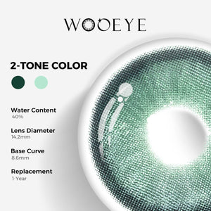 Diamond Green I Color Contacts specifications: 14.2mm diameter, 8.6mm base curve, and 40% water content for daily comfort.