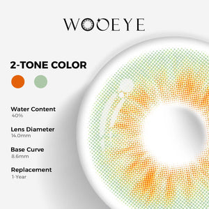 Molly Green Color Contacts specifications: 14.0mm diameter, 8.6mm base curve, and 40% water content for daily comfort.