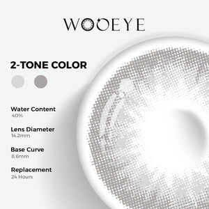 Queen Gray Color Contacts specifications: 14.2mm diameter, 8.6mm base curve, and 40% water content for daily comfort.