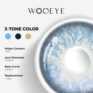 Alice Blue Color Contacts specifications: 14.0mm diameter, 8.6mm base curve, and 40% water content for daily comfort.