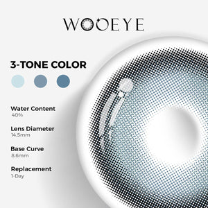 Milk Galaxy Blue Color Contacts specifications: 14.5mm diameter, 8.6mm base curve, and 40% water content for daily comfort.